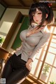 A woman in a white shirt and black pants posing for a picture.