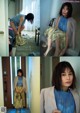 A collage of photos of a woman in a blue top and skirt.